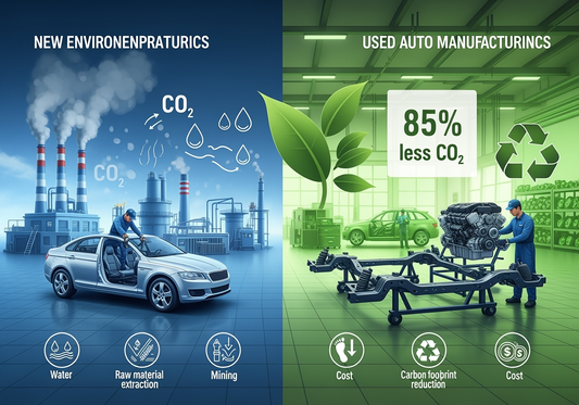 Infographic comparing environmental impact of new auto parts manufacturing versus used OEM parts recycling, showing 85% CO2 reduction